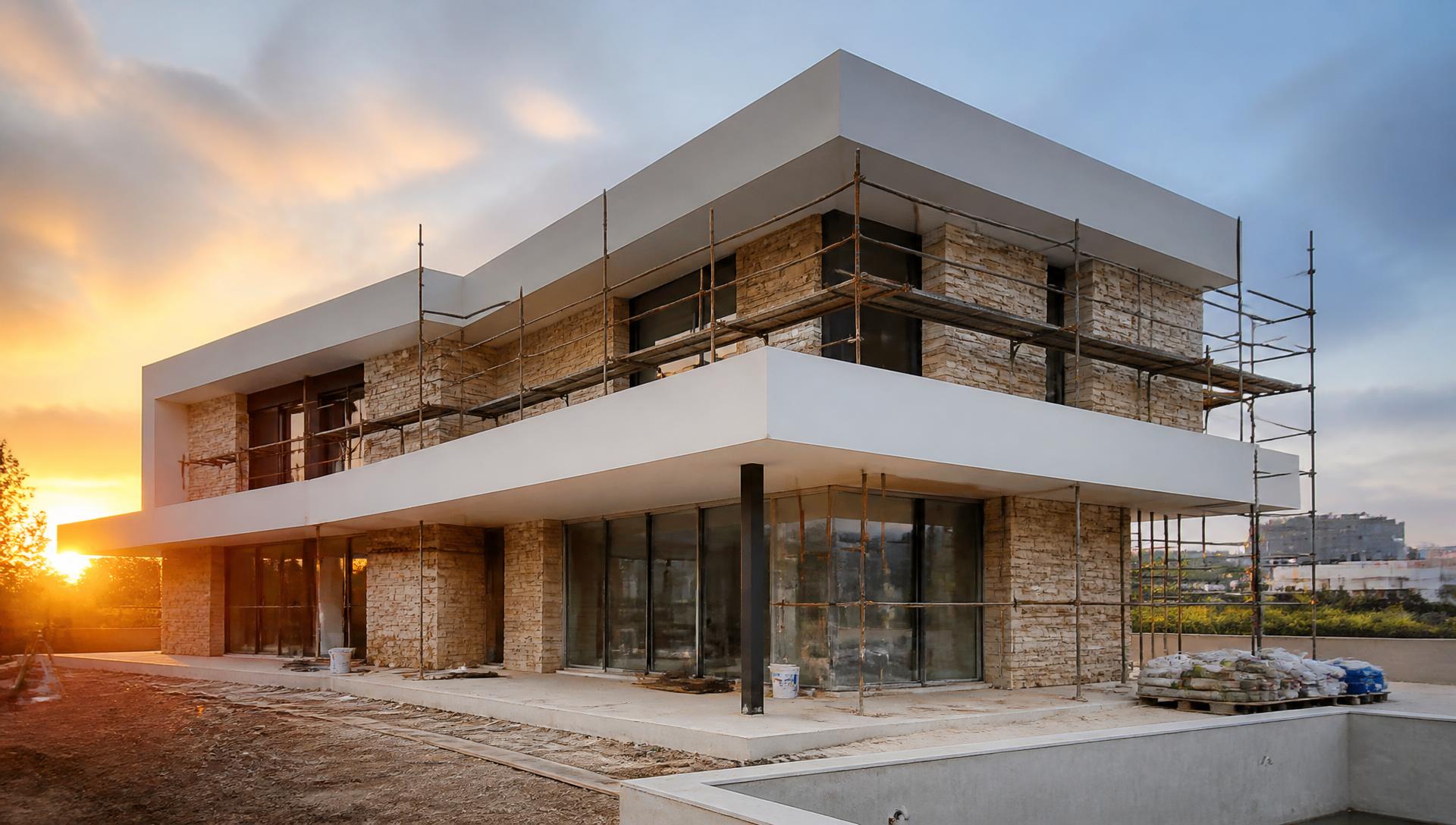 Moradia moderna em construção com andaimes ao pôr do sol